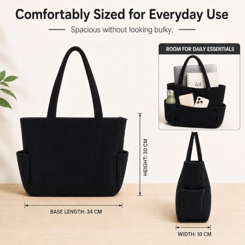 Image of Kawn Korean Tote Bag Aesthetic Corduroy Canvas Handbag for Women Zipper Casual Large Capacity Shoulder Bag with Pockets Versatile Everyday use for College Work Travel & Shopping