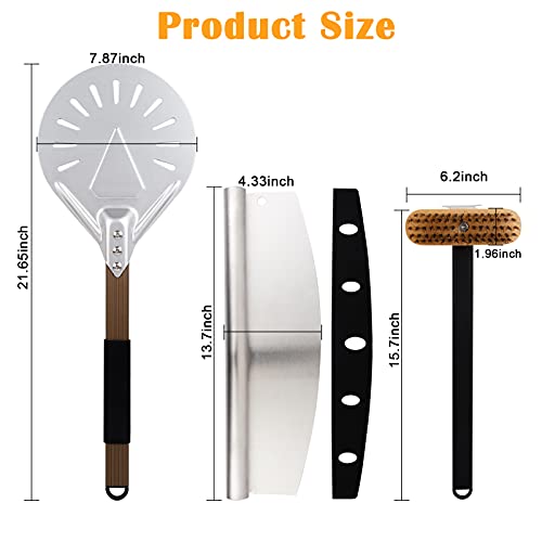 Aluminum Pizza Peel Set -Round Pizza Peel 8 Inch&16 Inch Pizza Paddle Brush& 13 Inch Pizza Cutter Set, Perforated Turning Pizza Shovel Pizza Peel for Baking Pizza Bread or Pastry - Thumbnail 2