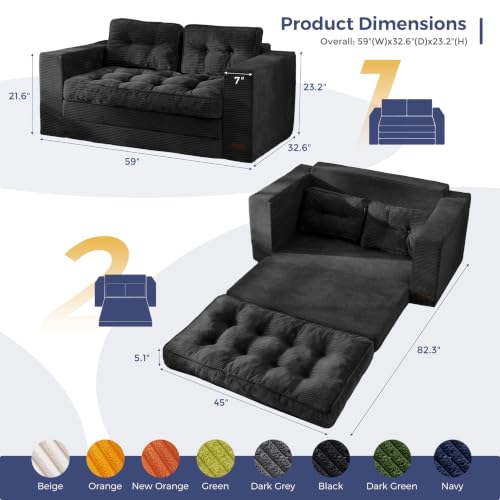 Image of MAXYOYO Convertible Sofa Bed, Pull Out Loveseat Sofa Couch, 2 in 1 Folding Couch Bed, Fold Out Floor Couch with Pillows for Living Room Bedroom Lounge, Black
