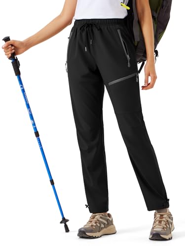 Riocs Damen Trekkinghose Leicht Schnelltrocknende Funktionshose für Wandern Outdoor & Freizeit Elastische Wanderhose mit 4 Reißverschlusstaschen & Kordelzug Schwarz L