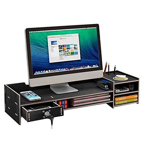 Soporte elevador de madera para monitor con cajón de almacenamiento para escritorio de oficina, color negro
