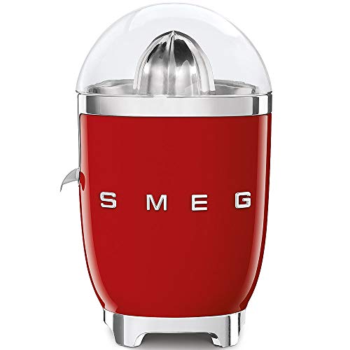 Smeg, Elektrische Zitruspresse CJF01RDEU, manuelle Druckpresse, tropfsicherer Auslauf und Universalkegel, rutschfeste Basis, integrierte Kabeltrommel, 70 W, Rot