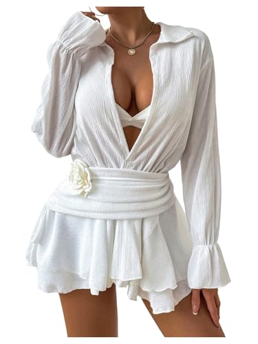 OYOANGLE Women's 3D Flower Layered Ruffle Cover Up Dress Collared Deep V Neck Long Sleeve Swim Coverup