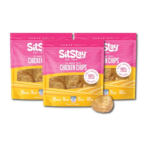 SitStay Chicken Chips Dog Treats Chicken Chips for Dogs - Single Ingredient Dog Treats - Dehydrated 80% Protein Low Fat - Training Rewards - All Breeds & Life Stages - Made in USA - 3 Travel Bags