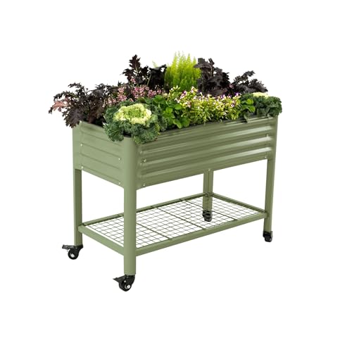 Rolling Elevated Raised Garden Bed-V Series, 2' x 4' Garden Beds with Legs & Storage Rack for Patio & Porch, 700 Lbs Weight Capacity, Outdoor Planter Box for Vegetables Flower Herbs, Olive Green