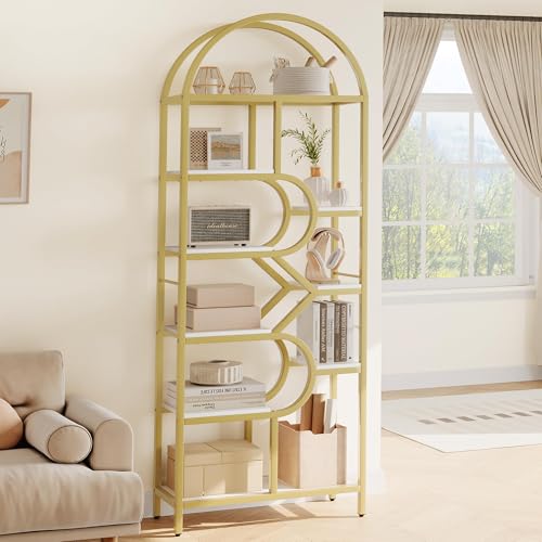 Garvee Bookshelf 6 Tier Arched, Bookcase 82 Inch Tall Display Racks, Geometric Open Storage Shelf, Book Rack Metal Frame Large Modern Bookshelf for, Living Room, Home, Office, Gold+White