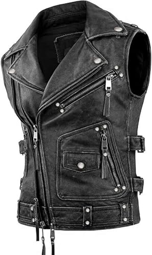 Cowhide Leather Biker Vest for Men | Black Sleeveless Motorcycle Riding Vest (Black XL)