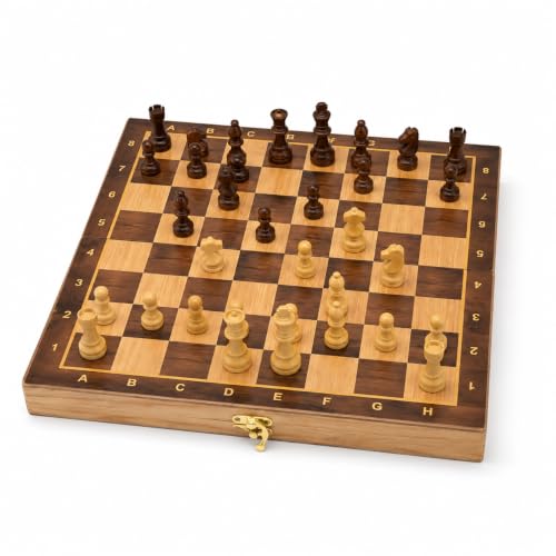 Image of Pandaworld 12 Inch Foldable Wooden Handcraft Chessboard Set Toy - Tournament-Style Premium-Build Chess Set with Wooden Chessmen Pieces - Ideal for Family Games