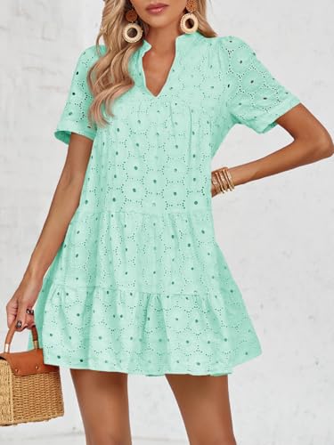 Image of Imily Bela Womens Summer Lace Dresses Eyelet Casual Flowy Babydoll Swing Short Sleeve V Neck Tunic Dress