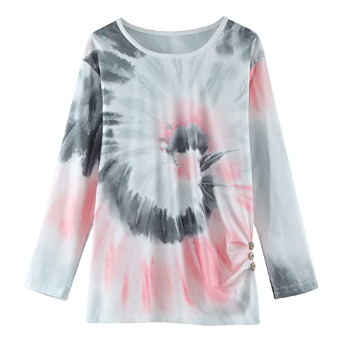 Girls Tie Dyed Tunic Tops Kids Long Sleeve Knot Front Button Casual Loose Pullover Blouse T-Shirt Tee(Gray,12-13 Years)2