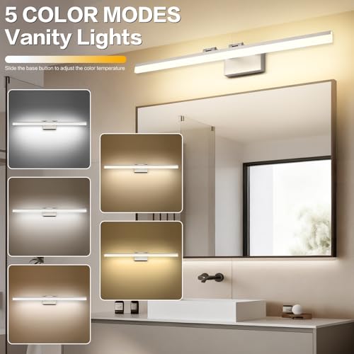 Image of SOLFART 39.4 Inch 5 Color Temperature Dimmable Brushed Nickel Bathroom Light Fixture Vanity Light Over Mirror Modern Bathroom Lights Over Mirror 5CCT