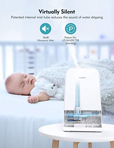 Homech Cool Mist Humidifier 6L, 26dB Quiet Ultrasonic Humidifiers for Large Bedroom Babies Adults, 360° Nozzle, Water Level Window and Waterless Auto Shut-Off for Home Office 20-60 Hours, White