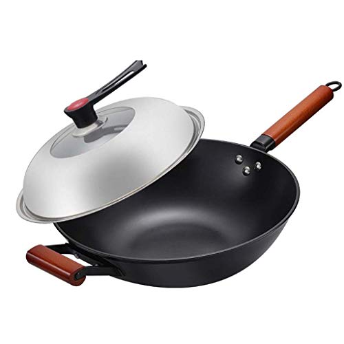 Wok de hierro fundido con mango de madera y tapa