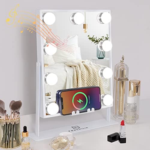 FENCHILIN White Hollywood Vanity Mirror with Lights 9 Dimmable Bulbs Wireless Charger Bluetooth Speaker Makeup Mirror with Smart Touch Control for Glam Room Bedroom Detachable 10X Magnification