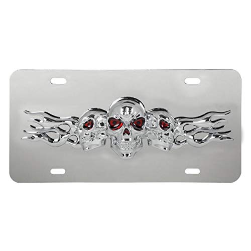 GG Grand General 60288 Stainless Steel License Plate w/ 3D Small Skulls Emblem, 4 Holes, Chrome