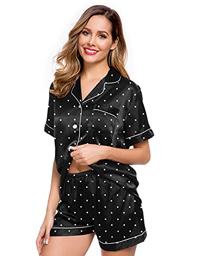 Image of LecGee Womens Silk Satin Pajamas Short Sleeve Loungewear Two-Piece Sleepwear Button-Down Pj Set