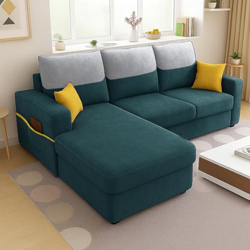 Image of Furny Tokiaa 4 Seater Fabric LHS L Shape Sofa Set (Greenish Teal) | Soft Velvet Fabric | Modern Design | Comfortable Seating | Living Room Furniture