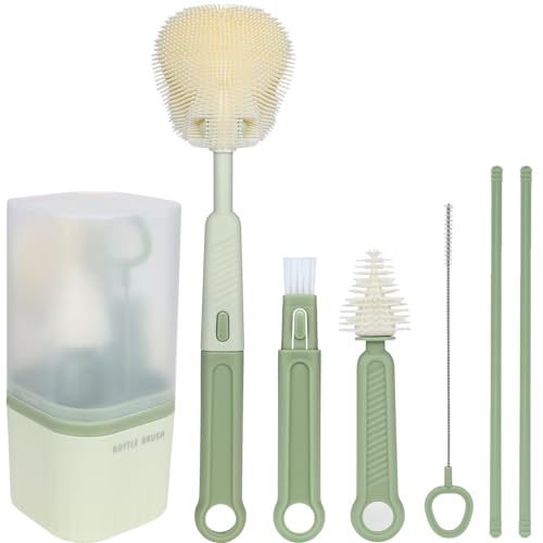 Image of Silicone Baby Bottle Brush Set, Includes Baby Bottle Brush, Nipple Brush, Straw Brush, Spout Brush, Drying Rack and Storage Box, Portable and Travel-Friendly (Flat - Green)