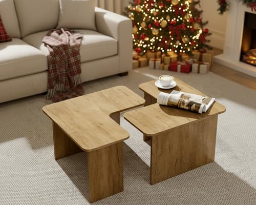 VESCASA Modern L Shaped Nesting Coffee Table Set of 2 Modular Rectangle Walnut Wood Table for Living Room
