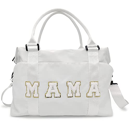 Image of Chenille Letter Duffle Bag, Mama Bag With Patches, Nylon Chenille Letter Embroidered Travel Bag, Lightweight Adjustable Mom Hospital Bag With Zipper for Mothers Day Gifts