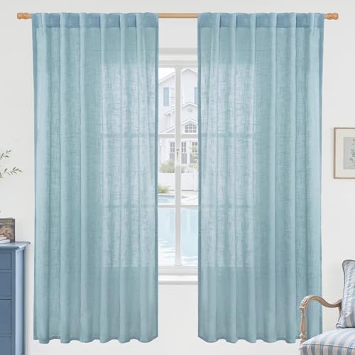 LAMIT Stone Blue 72 inch Linen Curtains for Living Room 2 Panels, Linen Textured Light Filtering Semi Sheer Back Tab and Rod Pocket Panels for Bedroom/Farmhouse, 52 x 72 Inch