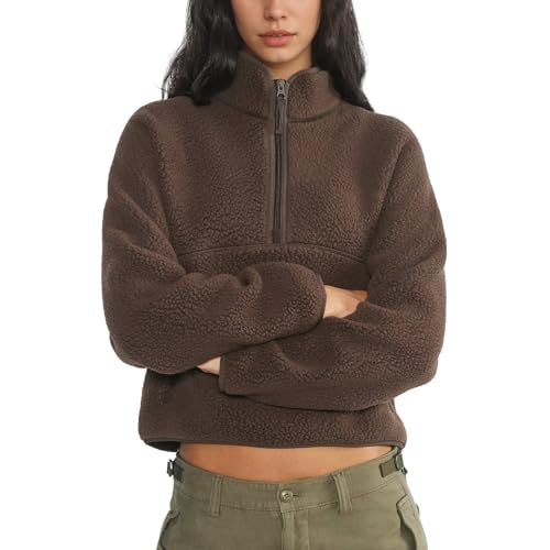 Keeliya Womens Fleece Sweatshirts Cropped Half Zip Fuzzy Warm Sherpa Pullover Varsity Jackets with Zipper Pockets(Brown,XS)