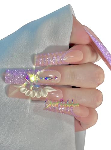 HAND-PAINTED Purple False Nails Set Coffin Press on Nails Pressons Kit Medium Length Stick on Nails Shoot Nail Art Short Nails with Nail Glue on Nails Square, Long Almond Nail (Medium, L1)