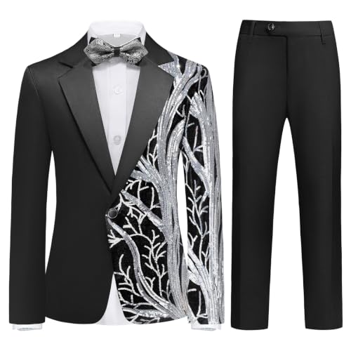 Boy Tuxedo Suit Set Kid Dress Outfit 2 Piece Jacket Black Pants Silver 8