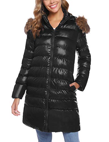 iClosam Women's Winter Long Puffer Coat Mid Length Fur Down Jacket with Hood Black