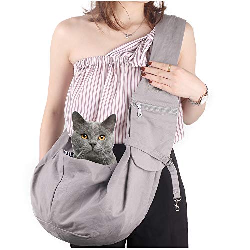 KiiDAS Dog Carrier Sling, Hands Free Carry Adjustable Shoulder Strap Reversible Tote Bag Breathable Shoulder Bag Front Pocket Safety Belt Carrying Small Dog Cat Puppy