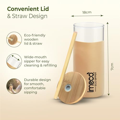 Image of IMECO ECO Sipper Glass Bottle with Bamboo Lid & Straw 450ml | Borosilicate Glass Tumbler | Leakproof & BPA-Free | Reusable, Non-Toxic & Lightweight | Ideal for Milk, Coffee & Tea - Peach