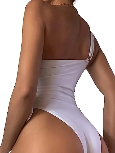 Lilosy Sexy Shoulder Tummy Control One Piece Swimsuit Ruched High Cut Leg Rise Bikini Cutout Thong Bathing Suit2