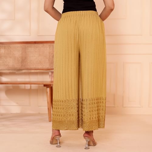 Image of VIVIKA Chikankari Palazzo Pants for Women |Rayon Wide Leg Ethnic Palazo with Embroidery | Comfortable Elastic Waist Women's Palazzo for Casual, Festive & Office Wear