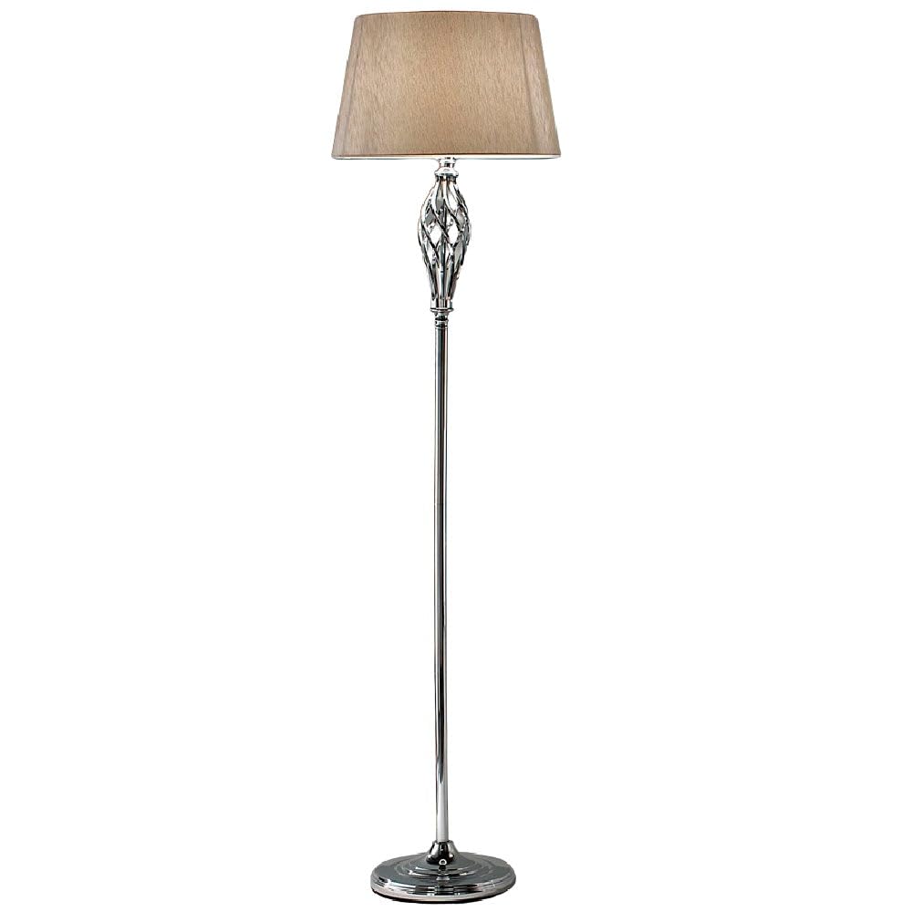 Britalia Polished Chrome Barley Twist Floor Lamp, 160cm Height, Gold Shimmer Shade, Modern Vintage Design