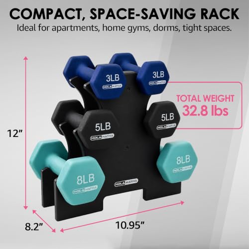 HolaHatha Neoprene Hexagon Dumbbell Set with Storage Rack, Blues, 32 Lbs - image 3