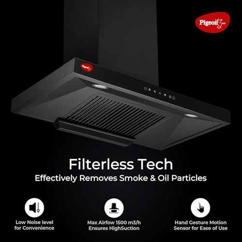 Image of Pigeon Atmos 90 cm T-Shape Kitchen Chimney 1500 m3 /hr suction | Touch & Gesture Control | Filterless Tech + Heat Auto Clean | 7 years warranty on motor| (Black)
