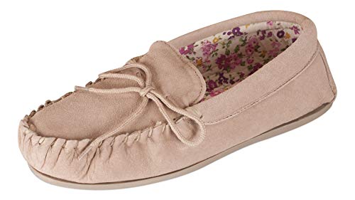 Nordvek - # 419-100 - Zapatillas de casa Mujer - Tipo mocasín - Ante y Piel ovina con Forro Estampado - Suela Dura Antideslizante
