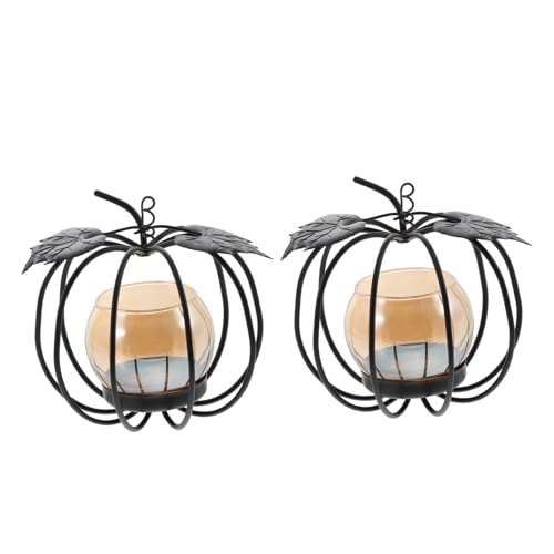 Cabilock 2pcs Wrought Iron Pumpkin Candle Holder Home Decorations Xmas Tealight Holder Black Candle Christmas Candle Stand Candle Centerpieces for Tables Candle Tray Cage Glass Candle Jar