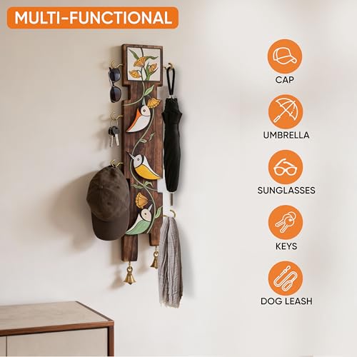 Image of AAKRITI ART CREATIONS Key Holder, Avian Elegance Key Holder | Rustic Wooden Wall Organizer with 8 Hooks | New Home Gifts | Multifunctional Entryway Decor Item