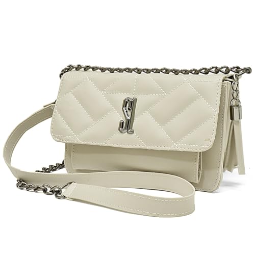 Bolsa Feminina Le Boy Bordada Couro Ecológico Corrente Transversal Pequena Tiracolo (Off White)