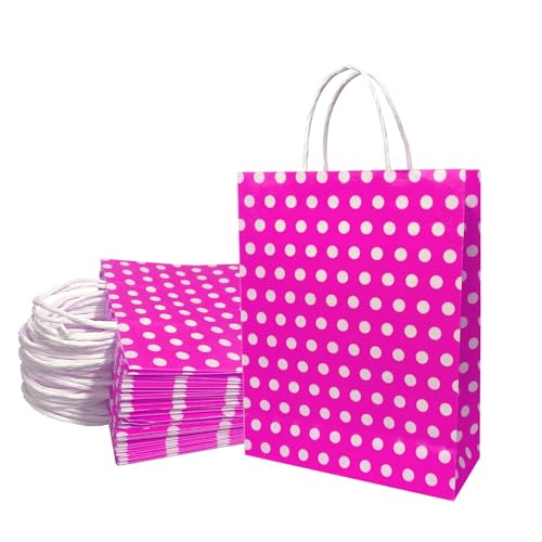 Image of Aakriti Paper Gift Bags with Handles | Polka Dot Pink Party Favor Bags | Reusable Goodie Bags for Kids Birthday, Baby Shower, Wedding, Festivals, Holiday Celebrations | Eco-Friendly Return Gift Packaging | 10x8x3 Inch (Pack of 10)