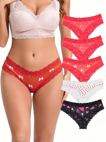 Morvia 5er Pack Sexy Damen-Bikinis-Unterwäsche, Kontrastierende Spitze, Hipster, Valentinstag, Allover-Print, Rot, Schwarz, Weiß, XXL