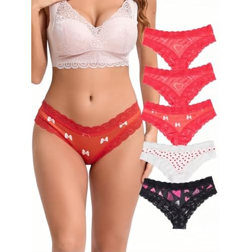 Morvia 5pcs Sexy Women Contrast Lace Hipster Panties Valentine's Day Allover Print Bikinis Underwear Large Red+black+white