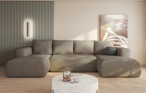 MODERNO Ecksofa mit Schlaffunktion und Bettkasten LAMBI U - Sofa mit +3 Sitzen - Schlafcouch Wohnlandschaft U Form - Modern Couch 338x164x89 cm - Big Sofa XXL Grau Beige