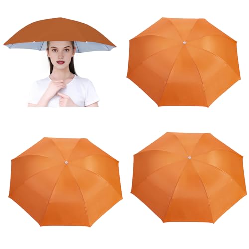 3 Pack Umbrella Hat, Sports Head Umbrella Hats for Adult Women, 26 Diameter Folding Waterproof Rainbow Fishing Headwear for Outdoor Party Beach Hiking (Orange)