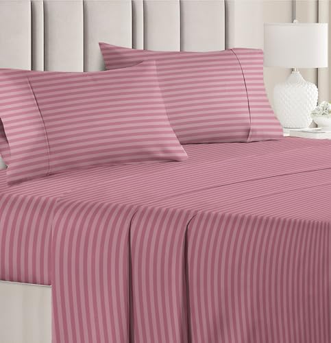 Image of Bsb Home Premium Cotton Solid /Stripe King Bedsheet with 2 King Size Pillow Covers | Double Bed with 210 Tc Pure Cotton | Size - King Size 90X100 Inches - Onion - Multicolor