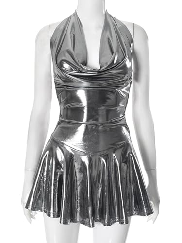 Image of Molisry Women's 2025 Satin Halter Dress Sexy Shining Open Back Bodycon Ruffle Pleated Mini Dress Club Party Silver