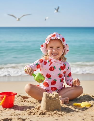Image of Renotemy Baby Girls Swimsuit Drawstring Zip Bathing Suit Long Sleeve One-Piece Rash Guard Swimwear with Hat for Infant Girl