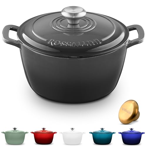 ROSSALLINI Signature Enameled Cast Iron Dutch Oven, Non-Stick Serving Pot with Tight Fitting Lid for Perfect Roasting, Baking, Sauteing, and Bread Making | 7.4Q (7L) - Oyster Grey