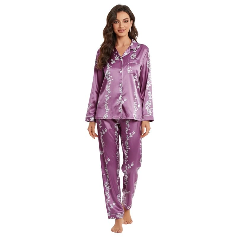 Image of Night Suit for Women with Full Sleeve Button-Down Top with Pant Dress for Woman, Cotton Night Dress for Woman, Two-Piece Loungewear Set